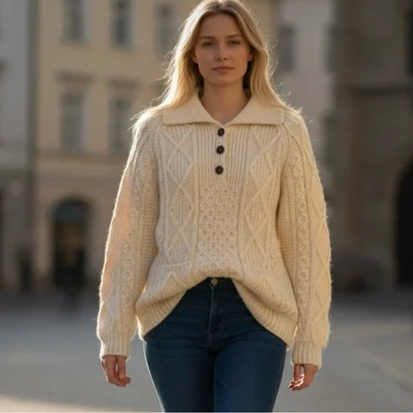 Vtg Blarney Woollen Mills Aran Ireland Cable Knit Fisherman Sweater Women Size M - Picture 8 of 8